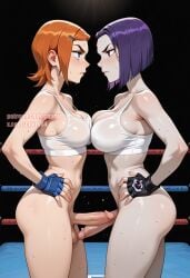 2futas ai_generated ben_10 charv dc_comics erection futa_on_futa futa_only futadom futanari grey_skin gwen_tennyson gwen_tennyson_(classic) light_skin looking_at_another orange_hair purple_hair raven_(dc) serious short_hair standing tank_top teen_titans wrestling_ring