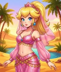 1girls 2d ai_generated belly_dancer belly_dancer_outfit blonde_female blonde_hair blue_eyes female_focus female_only light_skin mario_(series) oasis ponytail princess_peach