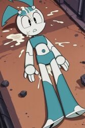 accurate_art_style ai_generated bukkake covered_in_cum dark_alley jenny_wakeman justsomebuddy my_life_as_a_teenage_robot shocked_expression xj-9