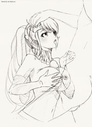 1boy ale_(ale_halexxx) breasts female halexxx male navel nipples oral paizuri penis ponytail pyrrha_nikos rwby saliva sketch straight tied_hair uncensored