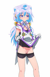 191karasu 1boy bike_shorts blue_hair blush gloves hacka_doll hacka_doll_3 long_hair male male_only pants_down penis purple_eyes simple_background small_penis solo strap_slip testicles tiny_penis trap uncensored white_background