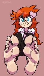 1girls barefeet barefoot black_legwear blue_eyes blush circle_glasses clothed clothing feet female female_only foot_fetish glasses heart heart_symbol orange_hair penny_crygor reathroch scientist smile soles sweat sweaty sweaty_feet toenails toes warioware watermark white_coat