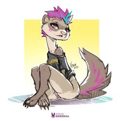 1:1 2025 anthro bottomless bottomless_female brolly_ferret brown_body brown_fur brown_tail clothed clothing domestic_ferret facial_markings female fur genitals hair head_markings hi_res kiaun mammal markings mask_(marking) mustelid musteline pink_hair pink_nose shirt solo tail topwear true_musteline vulva weasel