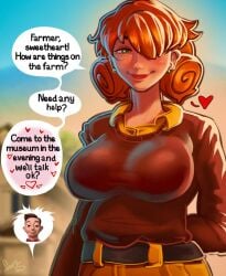 1boy 1girls aged_up big_breasts breasts clothed edit edited farmer_(stardew_valley) female forz_(artist) green_eyes male mature_female penny_(stardew_valley) red_hair seductive seductive_eyes seductive_look seductive_smile stardew_valley third-party_edit