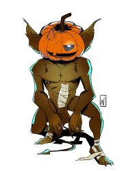 areola balls bandage bandage_on_penis crouching demon demon_humanoid digital_media_(artwork) erection feet fingers food for_a_head fruit genitals hi_res humanoid humanoid_genitalia humanoid_penis humanoid_pointy_ears imp looking_at_viewer male nevets nipple_piercing nipples not_furry nude object_head open_mouth pecs penis piercing plant pointy_ears pumpkin pumpkin_head simple_background smile solo spade_tail spread_legs spreading tail toes