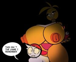 2025 ambiguous_gender animatronic anthro areola avian big_breasts bird breasts chicken cupcake_(fnaf) digital_drawing_(artwork) digital_media_(artwork) dim_lighting duo english_text female female/ambiguous five_nights_at_freddy's five_nights_at_freddy's_2 galliform glowing glowing_eyes hi_res huge_breasts human humanoid hyper hyper_breasts klacket larger_female machine mammal nipples phasianid puffy_areola puffy_nipples robot scottgames shaded size_difference speech_bubble text thick_thighs toy_chica_(fnaf) wide_hips