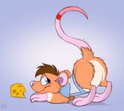 2023 anthro anus ass_up blue_background blue_clothing blue_eyes blue_shirt blue_topwear blush bottomless brown_hair buckteeth cheek_tuft cheese claws clothed clothing colored dairy_products digital_drawing_(artwork) digital_media_(artwork) facial_tuft flat_colors food hair hi_res looking_back male mammal mimi-fox mouse murid murine pink_claws pink_nose raised_tail rodent shaking shirt shirt_only short_hair simple_background smile snout solo tail teeth toony topwear topwear_only tuft x_anus