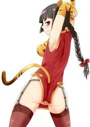 animal_ears armpits arms_up black_hair black_legwear braid cat_ears cat_tail china_dress chinese_clothes etotama female garter_straps long_hair looking_back no_panties pubic_hair pussy red_eyes shima-tan simple_background single_braid solo tail thighhighs tied_hair tiger_print uncensored white_background