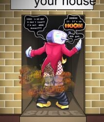 background blush deltarune dialogue embarrassed fart fart_cloud fart_fetish farting full_body full_color fully_clothed heart_pattern_underwear rendered scat soiling soiling_clothing soiling_underwear suede_(artist) tenna_(deltarune)