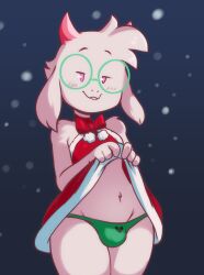 1boy 2022 boss_monster brachyzoid bsfw_version christmas christmas_outfit deltarune goat hi_res male male_only malicious_smile panties ralsei ralsei_with_white_fur showing_off skirt solo