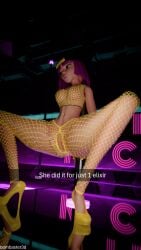 3d archer_(clash_of_clans) archer_(clash_royale) blue_eyes bombaster3d clash_(series) clash_royale club corruption female fishnets functionally_nude heels midriff pink_hair pussy see-through see-through_clothes see-through_clothing snapchat solo strip_club supercell tagme yellow_clothing