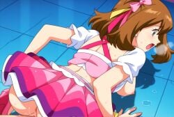 ai_generated blouse bows breasts brown_hair buttocks doggy_style excited green_eyes haruka_(pokemon) idol may_(pokemon) may_(pokemon_oras) neckline neon_lights nightclub nipples penetration pokemon pokemon_oras pov sex sexy sexy_body sexy_cleavage sexy_pose sexy_smile skirt things vaginal_penetration