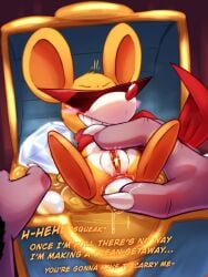 3:4 absurd_res anal anal_sex anthro anus blush bodily_fluids cha0sapien claws coin dialogue diamond_(gem) dragon duo elephantid eyewear female fur gem genitals gold_(metal) gold_coin grin hi_res hybrid kirby_(series) kirby_squeak_squad lying male male/female mammal mammoth mostly_nude mythological_creature mythological_scalie mythology nintendo object_in_ass object_in_pussy on_back pearl_(gem) penetration prehistoric_species proboscidean purple_body purple_fur rodent scalie scarf scarf_only size_difference smile spinni sunglasses treasure_chest vague_(cha0sapien) vulva white_body white_fur yellow_body yellow_fur