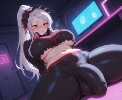 ai_art ai_generated balls ballsack bedroom bonnet bulge bulge_through_clothing bulge_under_clothes busty civitai cock crop_top curvy curvy_figure dickgirl dickgirl_focus embarrassed foreskin futa_focus futanari gamer gym gym_clothes headphones hi_res high_quality high_resolution highres huge_cock leggings looking_at_penis looking_down midriff navel nervous overlord_(maruyama) pajama_shirt pajamas pale-skinned_futa pale_skin patreon penis penis_out ponytail red_eyes request requested self_upload shalltear_bloodfallen silver_hair sitting sitting_on_floor splits stable_diffusion uncensored uncircumcised uncut underboob upscaled voluptuous voluptuous_futa wavy_mouth yuckle