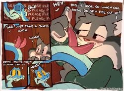 2_penises absurd_res anthro blue_body bodily_fluids canada_lynx clothed clothing disney dripping duo felid feline fur gary_de'snake gay genital_fluids genitals grey_body grey_fur hi_res lynx male male/male mammal multi_genitalia multi_penis notsafeforwanking pawbert_lynxley penis pit_viper precum precum_drip reptile scales scalie simple_background smoke smoking snake sweater tail text topwear viper zootopia