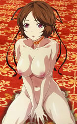 black_ribbon breasts brown_hair cleavage female kneeling large_breasts nipples nude red_eyes ribbon sawabe_tsubaki shigatsu_wa_kimi_no_uso short_hair your_lie_in_april