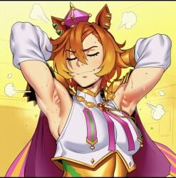 1girls 2d ai_generated animal_ears armor armpit_fetish armpit_hair armpits arms_behind_head arms_up breasts cape closed_eyes closed_mouth crown detached_sleeves ear_piercing female_only hair_between_eyes horse_ears horse_girl medium_breasts mini_crown onilapper orange_hair piercing pink_cape presenting_armpit shirt short_hair smile solo solo_female solo_focus steam steaming_body sweat sweatdrop t.m._opera_o_(umamusume) umamusume umamusume_pretty_derby upper_body