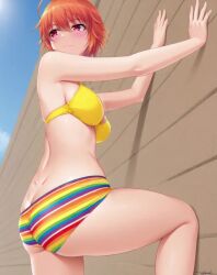 1girl agaisnt_wall ahoge ai-created ai_generated ane_to_osananajimi_wa_naka_ga_ii! animated ass bikini bikini_shorts bikini_top blush boyshorts breasts butt_crack clothing day dimples_of_venus female female_only large_breasts leaning_forward looking_at_viewer looking_back mp4 multicolored multicolored_bikini multicolored_clothes multicolored_swimsuit no_audio open_mouth orange_hair outdoors pixiv posterior_cleavage rainbow_print red_eyes red_hair rena_aikawa_(pixiv_user) short_hair smile solo swimsuit tagme takahashi_mitsuki video yellow_bikini yellow_bikini_top yellow_swimsuit