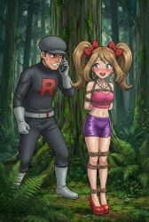 1girls 1male 2d ai_generated blue_eyes blush bondage brown_hair brunette_hair captured captured_heroine earrings excited female female_focus forest forest_background high_heels light_skin may_(pokemon) necklace open_mouth pearl_necklace pokemon ribbon ribbons rope_bondage ropes shorts team_rocket tied_up tight_clothing tubetop twintails