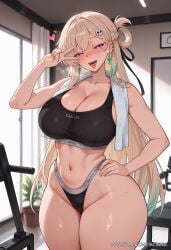 ai_generated bangs bare_shoulders blush breasts cleavage curvaceous curvaceous_body curvy curvy_body curvy_female earrings female gyaru hair_ornament hand_on_hip heart jewelry large_breasts long_hair looking_at_viewer lynae_(wuthering_waves) navel open_mouth scinna self_upload smile sports_bra stable_diffusion sweat symbol-shaped_pupils thighs v voluptuous voluptuous_body voluptuous_female wuthering_waves