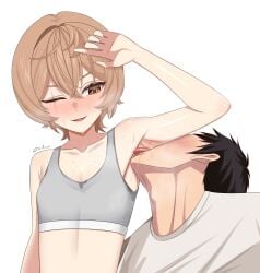 1boy 1girls absurdres armpit_fetish armpits artist_name black_hair blush brown_eyes brown_hair clio_aite collarbone commentary commission english_commentary female flat_chest flat_hag freckles grey_sports_bra hag highres licking licking_armpit licking_sweat mature mature_female parted_lips phase_connect saliva scar scar_across_eye scar_on_face shirt short_hair small_breasts sports_bra sweat sweat_stain teacher tongue upper_body virtual_youtuber vtuber white_shirt zedxxx