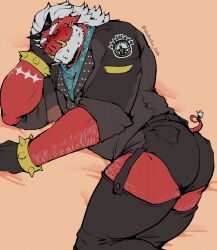 male male_only bara muscles muscular barazoku furry anthro zenless_zone_zero big_daddy_(zenless_zone_zero) sus_(pig) suina facial_hair beard tusks sunglasses white_hair red_skin solo solo_male miauarf cratty_wan body_hair ass blush