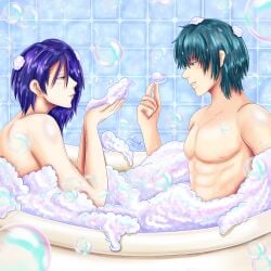 1boy 1girls bath bathing bathing_together bathroom blue_hair bubble bubble_bath byleth_(fire_emblem) byleth_(fire_emblem)_(male) fire_emblem fire_emblem:_three_houses makiiroh nude nude_female nude_male shamir_nevrand short_hair teal_hair wet wet_body wholesome