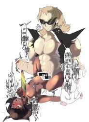 abs ahe_gao blush boysoup brown_eyes brown_skin censored choking clothed dialogue drooling french gay gay_male gay_sex heavily_censored indian laying_on_back looking_pleasured male/male male_only muscular_male nude orgasm orginal_character size_difference skinny smaller_male smug stomach stomach_bulge sunglasses white_background