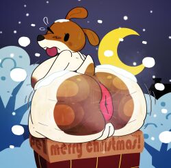 2025 anthro anus ass big_breasts big_butt bodily_fluids breasts brown_ears butt_focus canid canine canis crescent_moon domestic_dog english_text female genitals hi_res looking_at_viewer mammal moon musk night olive_the_other_reindeer one_eye_closed outside pelnsfw rear_view scut_tail short_tail snow snow_on_body solo sweat sweaty_butt tail text thick_thighs tongue tongue_out vulva
