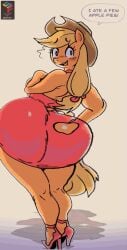 animated animated_gif anthro applejack_(mlp) ass ass_focus blonde_hair dialogue dress freckles friendship_is_magic gif hair hat heels looking_at_viewer my_little_pony red_clothing red_dress shaking shaking_butt simple_background spicyfuse tagme talking_to_viewer text_bubble voluptuous voluptuous_anthro voluptuous_female