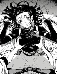1girls ai_generated blue_eyes blush breasts cock dark earrings female hair half-dressed holding_object jujutsu_kaisen jujutsu_kaisen_modulo missionary_position seductive_look squeezing squeezing_breast yuka_okkotsu