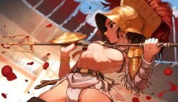 absurdres arena belt black_eyes blood breasts brown_hair buckler chest_strap crest crowd female floating_blood gladiator helmet highres holding holding_polearm holding_weapon loincloth original polearm rifleman1130 roman_empire shield short_hair single_vambrace solo toned trident underboob vambraces weapon