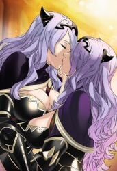 2girls ai_generated camilla_(fire_emblem) fire_emblem fire_emblem_fates hair_over_one_eye huge_breasts kissing purple_hair selfcest yuri