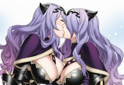2girls ai_generated camilla_(fire_emblem) fire_emblem_fates hair_over_one_eye huge_breasts kissing purple_hair selfcest yuri