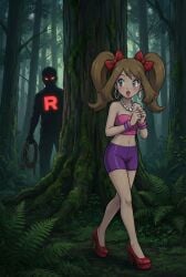 1girls 2d ai_generated blue_eyes blush bracelet bracelets brown_hair brunette_hair earrings excited female female_focus forest forest_background high_heels imminent_kidnapping light_skin lipstick may_(pokemon) necklace open_mouth pearl_necklace pokemon ribbon ribbons ropes shorts silhouette team_rocket tight_clothing tubetop twintails