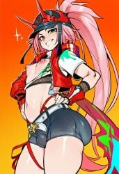 1boy 2d ai_generated areola areolae ass belt big_ass big_butt black_shorts bulge bulge_through_clothing bulge_under_clothes cap cock crop_top cyreneceo fingerless_gloves genderswap_(ftm) gloves gradient_background green_eyes grin hands_on_own_hips hat honkai:_star_rail horns jacket large_ass large_butt long_hair looking_at_viewer male male_focus male_only navel nipples orange_background otoko_no_ko penis penis_bulge pink_hair ponytail puffy_nipples rappa_(honkai:_star_rail) red_headwear rule_63 short_shorts short_sleeves shorts smile solo solo_male thick_ass thick_butt thighs very_long_hair white_belt