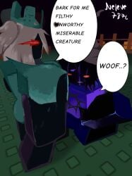 1boy 1girl1boy 1x1x1x1 1x1x1x1_(forsaken) artist_name artist_signature azure_(forsaken) betrayed_1x1x1x1 black_body black_hair blush clothed english_text female female_on_top forsaken_(roblox) green_clothing hat male male_on_bottom neleve787l neutral_expression obeying purple_eyes red_eyes roblox roblox_background roblox_game robloxian self_upload sitting_down sitting_on_floor text_bubble white_hair