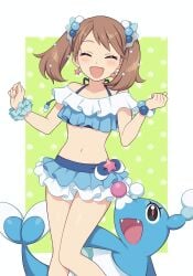 bare_arms bare_belly bare_legs bare_shoulders bare_thighs belly_button bikini bikini_skirt blue_bikini blue_scrunchie blush bracelet breasts brown_hair clenched_hands closed_eyes earrings frilled_bikini hair_ornament hiyori_(rindou66) may_(pokemon) medium_hair open_mouth pokemon scrunchie small_breasts smile thighs twintails wrist_scrunchie