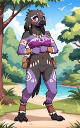 1girls 2025 ai_generated anthro avian beak bird black_body black_feathers bottomless bottomless_female digitigrade female female_only hi_res innie_pussy outdoors purple_body purple_eyes pussy red_markings shy tribal tribal_markings white_markings