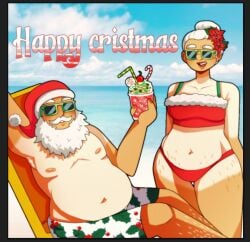 1boy 1girls artist_name beach bikini not_porn santa_claus santa_hat shorts