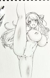 art_tools_in_frame breasts censored censored_nipples commentary_request completely_nude female graphite_(medium) greyscale hairband highres katsuragi_(senran_kagura) kneepits large_breasts leg_lift long_hair looking_at_viewer monochrome mosaic_censoring navel nude open_mouth pussy seishun_dendeke senran_kagura smile solo split standing standing_on_one_leg standing_split traditional_media