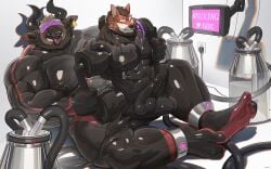 4_missing_limbs abs amputee anthro balls beard black_clothing black_latex black_skinsuit bovid bovine canid canine canis cattle clothing container cuff_(restraint) disability duo ear_piercing ear_tag erection facial_hair facial_piercing foreskin genitals hair hi_res holding_partner hypnosis hypnotic_visor latex latex_clothing latex_skinsuit loui_luyu male male/male mammal milk_container mind_control muscular nipple_piercing nipple_ring nipples nose_piercing nose_ring pecs penis piercing reclining red_body restraints retracted_foreskin ring_piercing shackles size_difference skinsuit tight_clothing tongue tongue_out uriex wolf