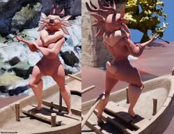 3d_(artwork) anthro antlers ass blender_(artwork) boat breasts brown_body brown_fur deer digital_media_(artwork) female fur genitals gwen_(spiritfarer) heartlessangel3d hi_res hooves horn mammal multi_ear navel neck_tuft nipples no_pupils nude pussy smile smoking_pipe solo spiritfarer thunder_lotus_games tuft vehicle water watercraft white_eyes