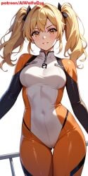 ai_generated aiwaifudesings black_ribbon blonde_hair bodysuit eris_(aiwaifudesings) female looking_at_viewer original original_character patreon_username racing_suit ribbon skin_tight smile solo standing topless twintails yellow_eyes