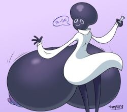 big_breasts breasts breasts_bigger_than_body female hyper_breasts labcoat nipples purple_background speech_bubble tagme tagme_(character) tlumpling
