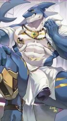 abs anthro balls digital_drawing_(artwork) digital_media_(artwork) fin fish genitals hi_res looking_at_viewer luodejun male marine muscular muscular_anthro muscular_male nipple_piercing nipple_ring nipples penis piercing ring_piercing scar shark solo tail teeth towel