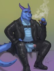anthro balls blowing_smoke bodily_fluids boots bottomwear cigar clothed clothing digital_media_(artwork) dragon dripping erection fingerless_gloves footwear foreskin genital_fluids genitals gloves handwear hi_res holding_cigar holding_object horn humanoid_genitalia humanoid_penis jacket leaking_precum leather leather_clothing leather_jacket leather_topwear looking_at_viewer male mythological_creature mythological_scalie mythology open_bottomwear open_clothing open_jacket open_pants open_topwear overweight overweight_anthro overweight_male pants partially_retracted_foreskin penis precum precum_drip precum_string rov scalie shoes simple_background sitting smile smoking solo spread_legs spreading tail topwear