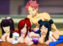 1boy 3girls ass black_hair blush breasts cum cum_inside doggy_style elbow_gloves erza_scarlet fairy_tail fingering foursome gloves group_sex hair_over_one_eye hair_ribbon kagura_mikazuchi large_breasts long_hair minerva_orlando multiple_girls natsu_dragneel nipples pink_hair red_hair sex smile straight