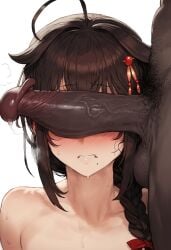 1boy1girl ai_generated dark-skinned_male female hairy_penis heavy_breathing huge_cock imminent_sex interracial kantai_collection large_penis light-skinned_female male netorare penis penis_awe penis_on_face penis_over_eyes shigure_(kantai_collection) sweat
