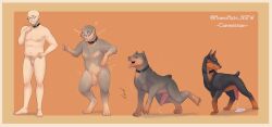 absurd_res aroused blush bodily_fluids canid canine canis collar colored cum digital_drawing_(artwork) digital_media_(artwork) dobermann domestic_dog ejaculation erection feral feral_transformation fur genital_fluids genitals hi_res human human_to_feral male mammal momomichi_nsfw nude open_mouth penis pinscher shaded simple_background smile solo species_transformation tail transformation transformative_collar watermark